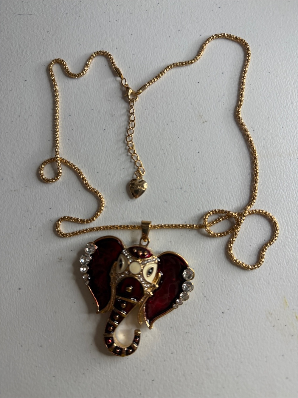 Gold-Tone Elephant Pendant Necklace with Red Enamel and Rhinestones